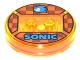 Part No: 18605c02pb13  Name: Dimensions Toy Tag 4 x 4 x 2/3 with 2 Studs and Trans-Orange Bottom with Blue Sonic Head and 'SONIC' on Dark Orange and Reddish Brown Checkered Background Pattern (Sonic the Hedgehog)