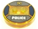 Part No: 18605c02pb24  Name: Dimensions Toy Tag 4 x 4 x 2/3 with 2 Studs and Trans-Orange Bottom with Gold Star Police Badge and White 'POLICE' in Black Rectangle on Dark Bluish Gray Background Pattern (Chase McCain)