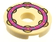 Part No: 15535pb08  Name: Tile, Round 2 x 2 with Hole with Magenta Tambourine Ring, Dark Azure Filigree, Gold Jingles Pattern