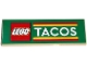 Part No: 69729pb077  Name: Tile 2 x 6 with LEGO Logo, White 'TACOS', and Red and Yellow Stripes Pattern