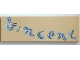 Lego part: Tile 2 x 6 with Bright Light Blue, Sand Blue, Dark Tan and White 'Vincent' Signature Pattern