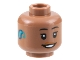Part No: 3626pb3166  Name: Minifigure, Head Female Black Thin Eyebrows, Single Eyelashes, Dark Orange Lips, Dark Turquoise Hearing Aid on Right, Open Mouth Smile with Teeth Pattern