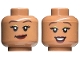 Part No: 3626pb3304  Name: Minifigure, Head Dual Sided Female Dark Brown Eyebrows, Gold Eye Shadow, Dark Red Lips, Smirk / Open Mouth Smile with Teeth Pattern