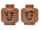 Part No: 3626pb3858  Name: Minifigure, Head Dual Sided Black Eyebrows, Reddish Brown Chin Dimple, Open Mouth Smile with Top Teeth and Red Tongue / Worried with Raised Left Eyebrow Pattern