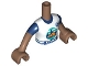Part No: FTGpb482c01  Name: Torso Mini Doll Girl White T-Shirt with Orange Tent, Dark Blue Trees, Dark Turquoise Sky and Ground, Light Aqua Belt Pattern, Medium Brown Arms with Hands with Dark Blue Short Sleeves