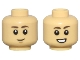 Part No: 28621pb0156  Name: Minifigure, Head Dual Sided Child Dark Brown Eyebrows, Grin with Medium Nougat Chin Dimple / Open Mouth Smile with Teeth Pattern - Vented Stud