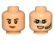 Part No: 3626pb3147  Name: Minifigure, Head Dual Sided Female Black Eyebrows, Medium Nougat Lips, and Smile / Metallic Light Blue Face Paint and Olive Green Headset Pattern