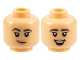 Part No: 3626pb3171  Name: Minifigure, Head Dual Sided Female Dark Brown Eyebrows Thick, Black Eyelashes, Nougat Lips, Lopsided Grin / Open Mouth Smile with Top Teeth Pattern