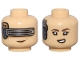 Part No: 3626pb3645  Name: Minifigure, Head Dual Sided Female Dark Silver and Silver Mechanical Device, Nougat Lips, Visor and Grin / Dark Brown Eyebrows, Black Single Eyelashes, Lopsided Open Mouth Smile with Teeth Pattern