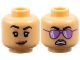 Part No: 3626pb3759  Name: Minifigure, Head Dual Sided Female Black Eyebrows and Eyelashes, Medium Brown Eyelids and Lips, Lopsided Grin with Raised Eyebrow Right / Scowl with Dark Purple Sunglasses with Medium Lavender Lenses Pattern
