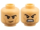 Part No: 3626pb3951  Name: Minifigure, Head Dual Sided Black Eyebrows, Medium Nougat Cheek Lines and Chin Dimple, Raised Eyebrow Right / Fierce Open Mouth Scowl with Teeth Pattern