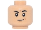 Part No: 3626pb3988  Name: Minifigure, Head Black Eyebrows, One Raised, Dark Orange Creases and Chin Dimple, Closed Mouth Smirk Pattern