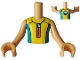Lot ID: 405121183  Part No: FTBpb098c01  Name: Torso Mini Doll Boy Yellow and Dark Turquoise Wetsuit with Coral Zipper and Dolphin / Whale Logo on Back Pattern, Medium Tan Arms with Hands