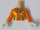 Part No: FTGpb439c01  Name: Torso Mini Doll Girl Yellow and Orange Ski Suit Jacket with Black Outlined Pockets, Buttons and Collar with White Snowman Face Pattern, Orange Arms / Sleeves with White Hands / Gloves