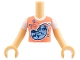 Part No: FTGpb543c01  Name: Torso Mini Doll Girl Coral Top with Bright Light Blue Raccoon with Santa Hat over White T-Shirt Pattern, Medium Tan Arms with Hands with White Short Sleeves