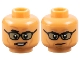 Part No: 3626pb2350  Name: Minifigure, Head Dual Sided Black Thick Eyebrows, Glasses with Dark Tan Lenses, Medium Nougat Cheek Lines, Chin Dimple, and Wrinkles, Lopsided Open Mouth Smirk with Teeth / Stern Pattern