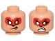 Part No: 3626pb3502  Name: Minifigure, Head Dual Sided Red Fur, Gold Eye Left, White Eye Right, Crooked Mouth with Fang / Teeth Bared Grimace Pattern