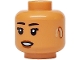 Part No: 3626pb3723  Name: Minifigure, Head Female Black Eyebrows, Eyelashes, Dark Orange Lips, Tan Hearing Aid on Left, Open Mouth Smile with Teeth Pattern