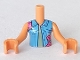 Part No: FTGpb326c01  Name: Torso Mini Doll Girl Medium Blue Vest with Dark Pink Flowers over Olive Green Top Pattern, Nougat Arms with Hands
