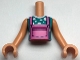Lot ID: 406698934  Part No: FTGpb336c01  Name: Torso Mini Doll Girl Dark Pink Overalls over Dark Turquoise and White Polka Dots T-Shirt Pattern, Nougat Arms with Hands