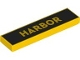 Lego part: Tile 1 x 4 with 'HARBOR' on Black Background Pattern