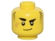 Part No: 28621pb0052  Name: Minifigure, Head Thick Black Eyebrows, Stubble Sideburns, Medium Nougat Scar, and Closed Mouth Lopsided Grin Pattern - Vented Stud