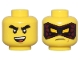 Part No: 28621pb0068  Name: Minifigure, Head Dual Sided Thick Black Eyebrows, Open Mouth Smile with Top Teeth and Tongue / Black and Dark Red Mask, Frown Pattern - Vented Stud