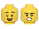 Part No: 28621pb0191  Name: Minifigure, Head Dual Sided Thin Black Eyebrows, Medium Nougat Cheek Lines, and Open Mouth Smile / Sweat Drop, Grimace Pattern - Vented Stud
