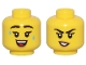 Part No: 28621pb0193  Name: Minifigure, Head Dual Sided Female Black Eyebrows and Eyelashes, Medium Nougat Lips, Sweat Drops and Open Mouth Smile / Crooked Mouth Pattern - Vented Stud