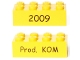 Part No: 3001pb115  Name: Brick 2 x 4 with Black '2009' Front and 'Prod. KOM' Back Kornmarken Factory Tour Pattern
