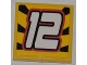 Part No: 3068pb0472  Name: Tile 2 x 2 with White '12' on Striped Black and Yellow Background Pattern (Sticker) - Set 8228