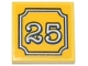Part No: 3068pb2671  Name: Tile 2 x 2 with White, Black and Dark Blue Plaque Outline and '25' on Bright Light Orange Background Pattern (Sticker) - Set 42671