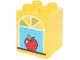 Part No: 31110pb202  Name: Duplo, Brick 2 x 2 x 2 with White and Lime Window, Reddish Brown Sill, Red Apple and Medium Azure Sky Pattern
