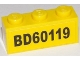 Part No: 3622pb065  Name: Brick 1 x 3 with Black 'BD60119' on Yellow Background Pattern (Sticker) - Set 60119