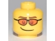 Part No: 3626bpb0469  Name: Minifigure, Head Glasses with Orange Sunglasses, Brown Eyebrows and Crooked Smile Pattern - Blocked Open Stud