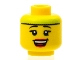 Part No: 3626bpb0612  Name: Minifigure, Head Female Lime Headband, Black Eyebrows, Eyelashes, Red Lips, Open Mouth Smile with Top Teeth and Tongue Pattern - Blocked Open Stud