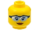 Part No: 3626cpb1766  Name: Minifigure, Head Female Glasses Bright Light Blue with Dark Blue Frame, Dark Orange Lips, Closed Mouth Smile Pattern - Hollow Stud