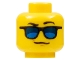 Part No: 3626cpb1837  Name: Minifigure, Head Glasses with Blue Sunglasses, Black Eyebrows, Left Eyebrow Raised Pattern - Hollow Stud