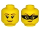 Part No: 3626cpb2535  Name: Minifigure, Head Dual Sided Female Brown Eyebrows, Peach Lips, Chin Dimple and Closed Mouth Smirk / Black Mask Pattern - Hollow Stud