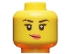 Part No: 3626cpb2598  Name: Minifigure, Head Female Black Eyebrows with Gap in Right Eyebrow, Lopsided Smile with Coral Lips Pattern - Hollow Stud