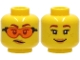 Part No: 3626cpb2761  Name: Minifigure, Head Dual Sided Female, Reddish Brown Eyebrows, Orange Safety Glasses, Medium Nougat Lips, Scowl / Smile with Freckles Pattern - Hollow Stud