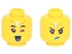 Part No: 3626cpb2990  Name: Minifigure, Head Dual Sided Female, Dark Pink Eye Shadow, Medium Azure Lips, Gold Charm on Forehead, Open Mouth Smile and Wink / Angry Pattern - Hollow Stud