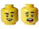 Part No: 3626cpb3224  Name: Minifigure, Head Dual Sided Black Eyebrows, Smile with Teeth, Chin Dimple / Open Mouth, Red Tongue, Sweat Drops Pattern - Hollow Stud
