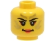 Part No: 3626cpb3314  Name: Minifigure, Head Female Black Eyebrows, Gold Stripes Face Paint, Coral Lips and Eye Shadow, Smile Pattern - Hollow Stud (BAM)