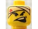 Part No: 3626pb0123  Name: Minifigure, Head Black Thick Eyebrows, White Head Bandage with Red Streaks, Dimple, Wide Lopsided Open Mouth with Top Teeth Pattern