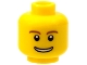 Lego part: Minifigure, Head Reddish Brown Eyebrows, Thin Grin with Teeth, Black Eyes with White Pupils Pattern