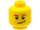 Lego part: Minifigure, Head Reddish Brown Eyebrows, White Pupils, Lopsided Smile with Black Dimple Pattern