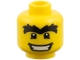 Part No: 3626pb0438  Name: Minifigure, Head Black Bushy Thick Unibrow, Lower Eyelids, Wide Open Mouth Smile with Teeth Pattern