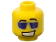 Part No: 3626pb0467  Name: Minifigure, Head Black Angled Eyebrows, Silver Sunglasses with Dark Purple Lenses, Lopsided Open Mouth Smile with Teeth and Sparkle Pattern
