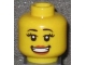 Part No: 3626pb0520  Name: Minifigure, Head Female with Black Eyebrows, Large Eyelashes, Dark Orange Lips, Open Mouth Smile with Teeth and Dimples Pattern